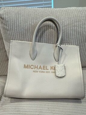 Michael Kors White Pebbled Leather Tote with Gold Logo Accent